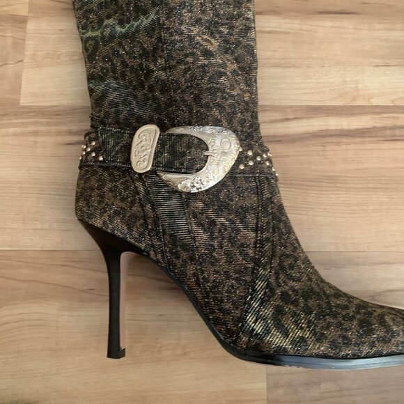 Jessica Simpson Animal Print Fabric Kenzin Tall Boots Size 10M Embellished - Picture 9 of 15